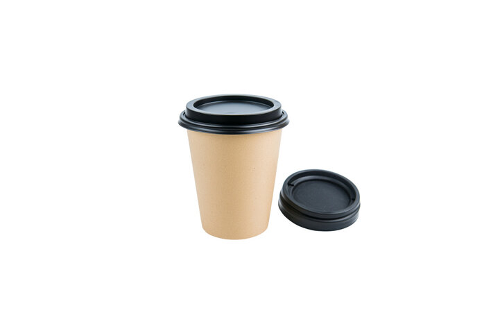brown paper coffee cup with black lid